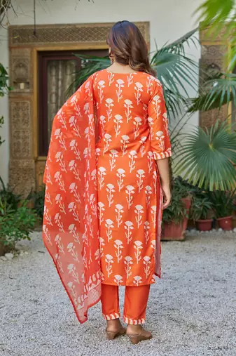 Women Beautiful Cotton Blend Printed Work Straight Kurta Pant and Dupatta Set