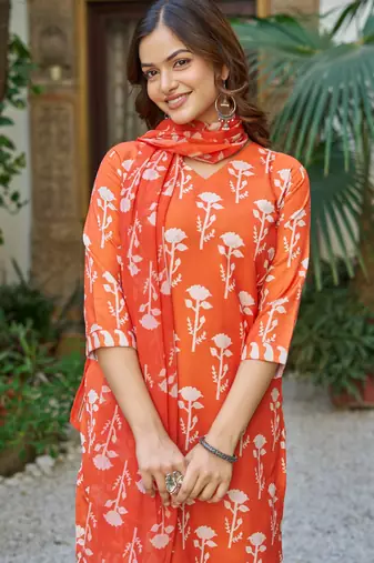 Women Beautiful Cotton Blend Printed Work Straight Kurta Pant and Dupatta Set
