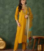 Women Beautiful Rayon Fabric Embroidery Work Straight Kurta, Pant and Dupatta Set