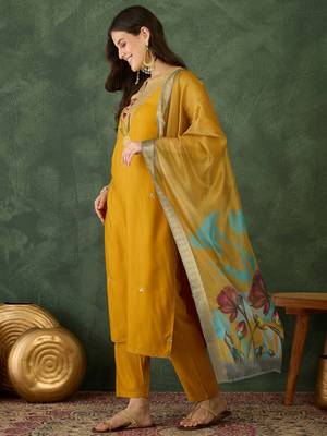 Women Beautiful Rayon Embroidery Work Straight Kurta Pant and Dupatta Set 3