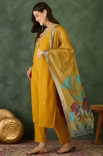 Women Beautiful Rayon Embroidery Work Straight Kurta Pant and Dupatta Set