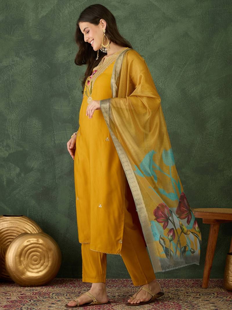 Women Beautiful Rayon Fabric Embroidery Work Straight Kurta, Pant and Dupatta Set