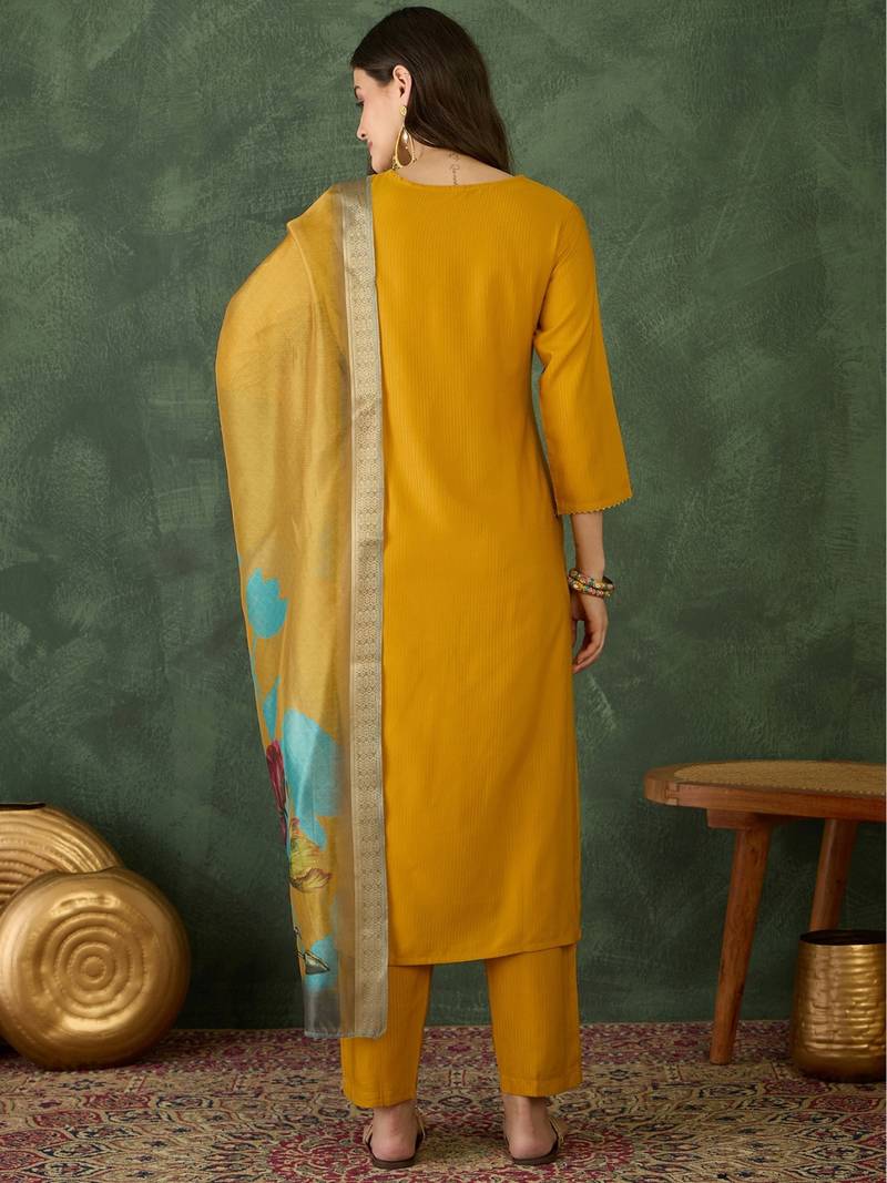 Women Beautiful Rayon Fabric Embroidery Work Straight Kurta, Pant and Dupatta Set