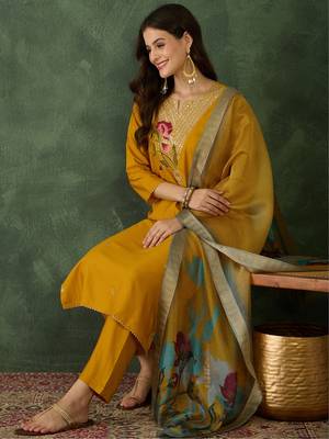 Women Beautiful Rayon Embroidery Work Straight Kurta Pant and Dupatta Set 5