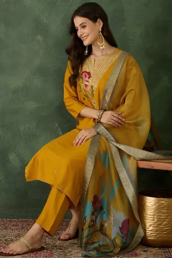Women Beautiful Rayon Embroidery Work Straight Kurta Pant and Dupatta Set