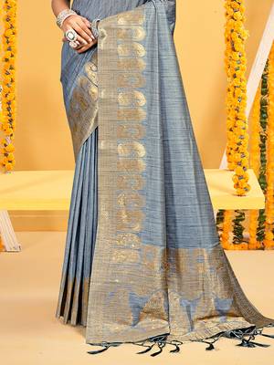 grey assam silk woven work traditional saree 3