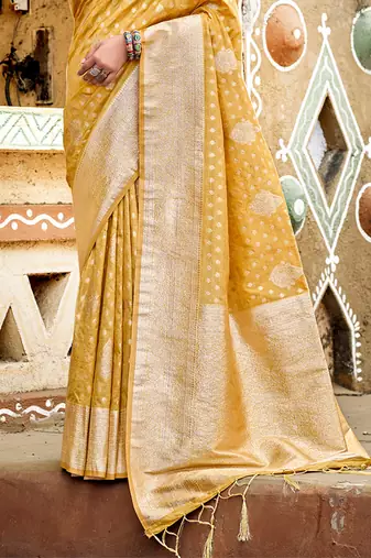 mustard assam silk woven work traditional saree