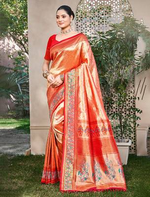 orange kanjivaram silk woven work traditional saree 1