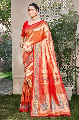orange kanjivaram silk woven work traditional saree
