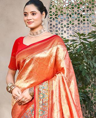 orange kanjivaram silk woven work traditional saree 2