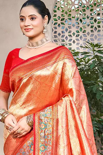 orange kanjivaram silk woven work traditional saree