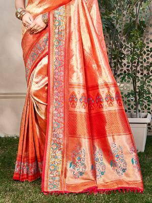 orange kanjivaram silk woven work traditional saree 3