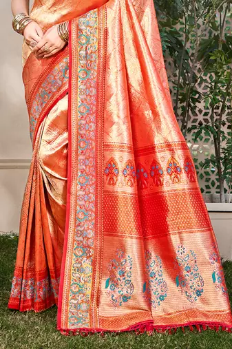 orange kanjivaram silk woven work traditional saree