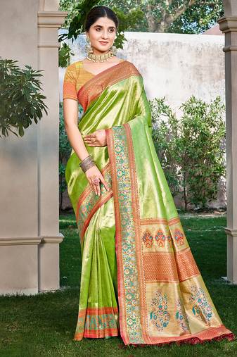 green kanjivaram silk woven work traditional saree