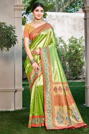 green kanjivaram silk woven work traditional saree