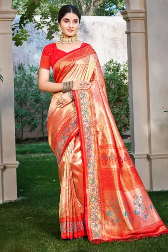 red kanjivaram silk woven work traditional saree