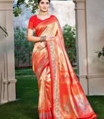 red kanjivaram silk woven work traditional saree