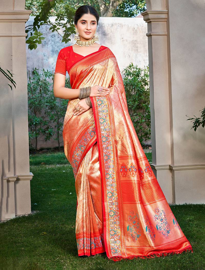 red kanjivaram silk woven work traditional saree