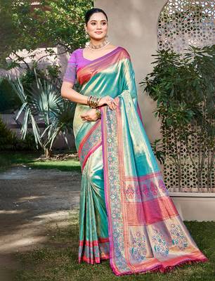 teal kanjivaram silk woven work traditional saree 1