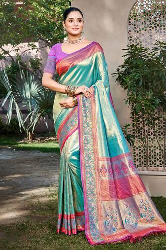 teal kanjivaram silk woven work traditional saree