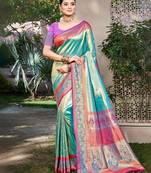 teal kanjivaram silk woven work traditional saree