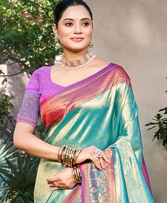 teal kanjivaram silk woven work traditional saree 2