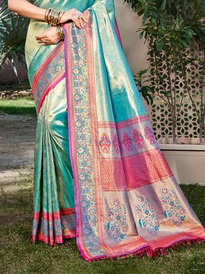 teal kanjivaram silk woven work traditional saree 3