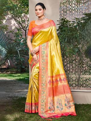 yellow kanjivaram silk woven work traditional saree 1