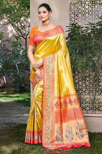yellow kanjivaram silk woven work traditional saree