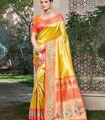 yellow kanjivaram silk woven work traditional saree