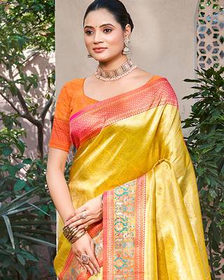 yellow kanjivaram silk woven work traditional saree 2