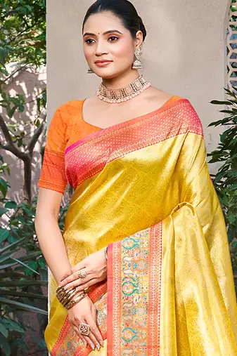 yellow kanjivaram silk woven work traditional saree