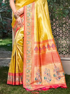 yellow kanjivaram silk woven work traditional saree 3