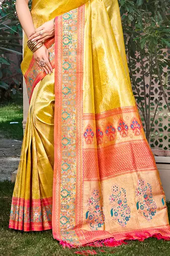 yellow kanjivaram silk woven work traditional saree