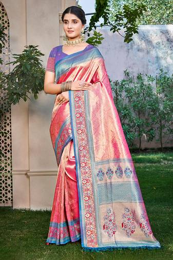 pink kanjivaram silk woven work traditional saree