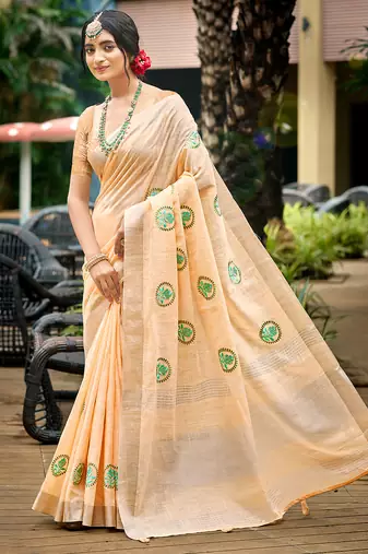 peach linen woven work traditional saree