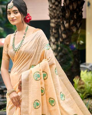peach linen woven work traditional saree 2