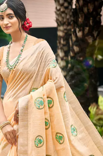 peach linen woven work traditional saree