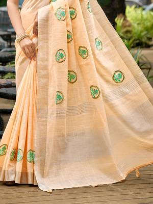 peach linen woven work traditional saree 3