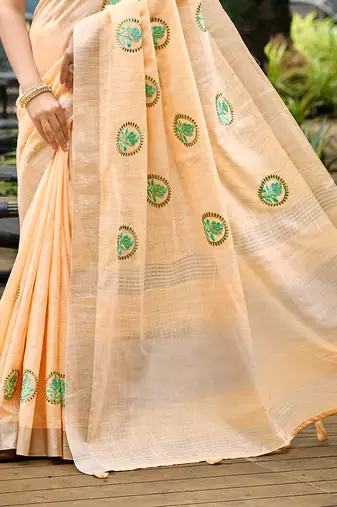 peach linen woven work traditional saree