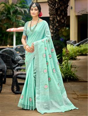 sky blue linen woven work traditional saree 1