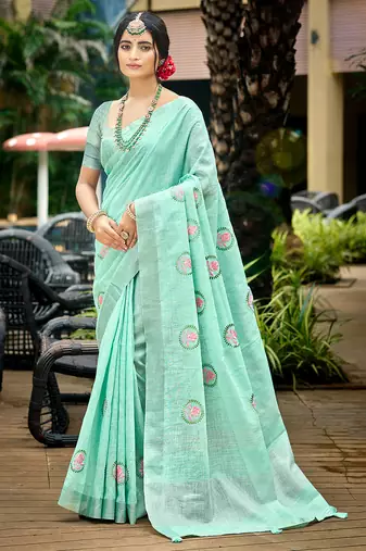 sky blue linen woven work traditional saree