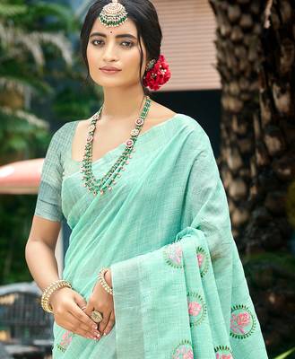 sky blue linen woven work traditional saree 2