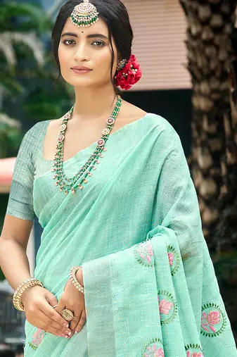 sky blue linen woven work traditional saree