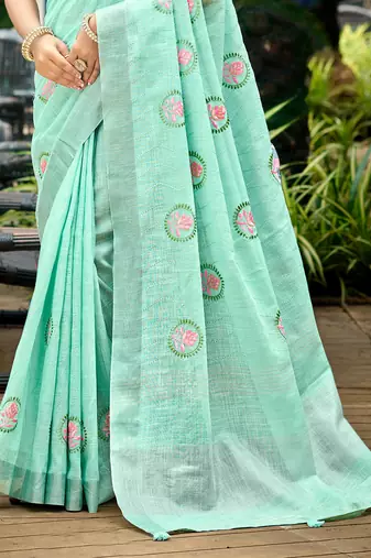 sky blue linen woven work traditional saree