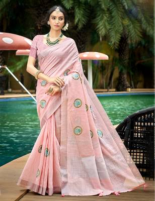 light pink linen woven work traditional saree 1