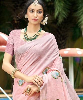 light pink linen woven work traditional saree 2