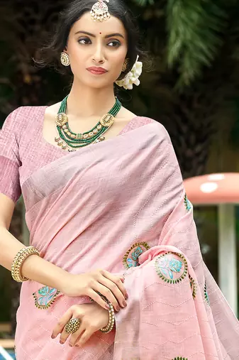 light pink linen woven work traditional saree