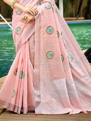 light pink linen woven work traditional saree 3