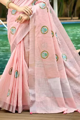 light pink linen woven work traditional saree